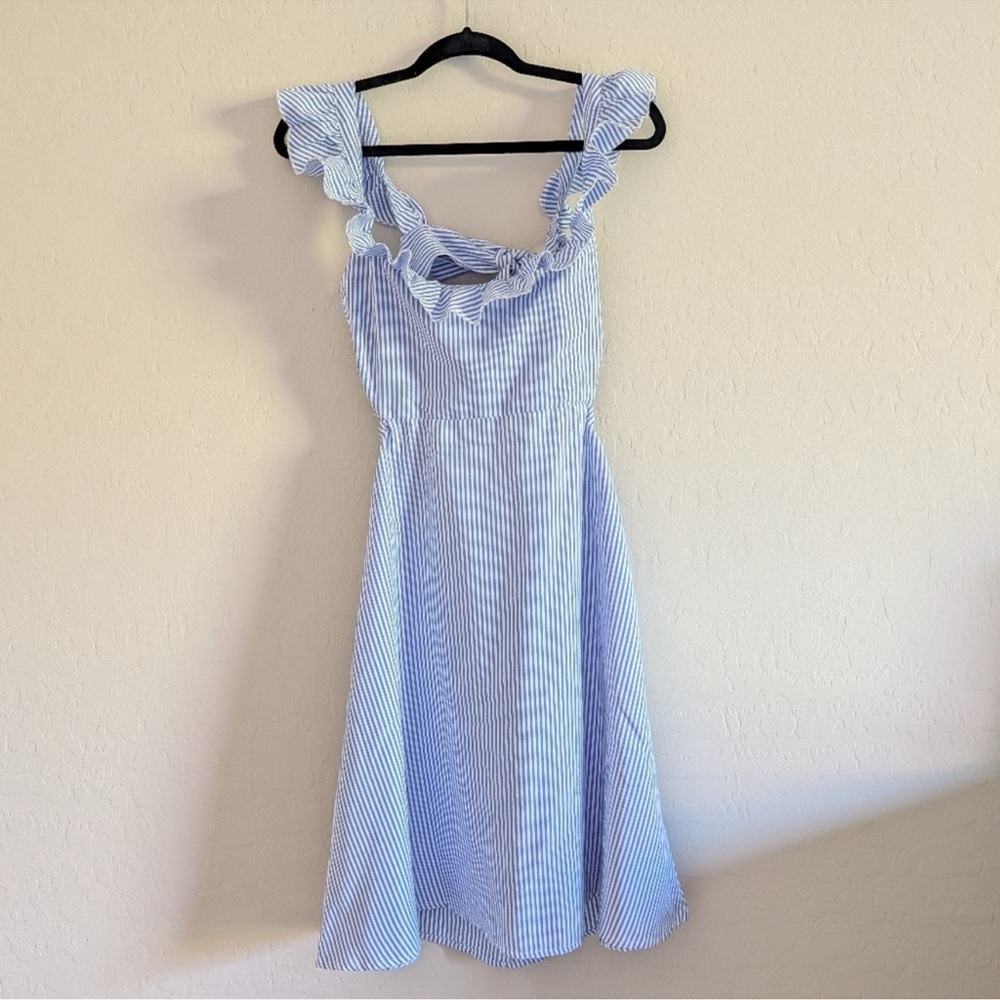 Petal & Pup Blue and White Striped Ruffled Maxi Dress